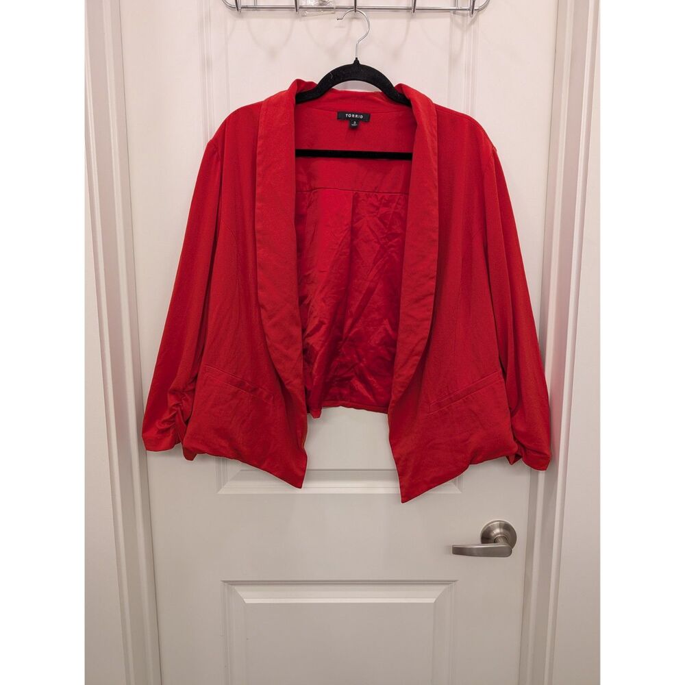 Torrid Red Blazer Jacket Size 3 Plus Size Open Front Ruched 3/4 Sleeve